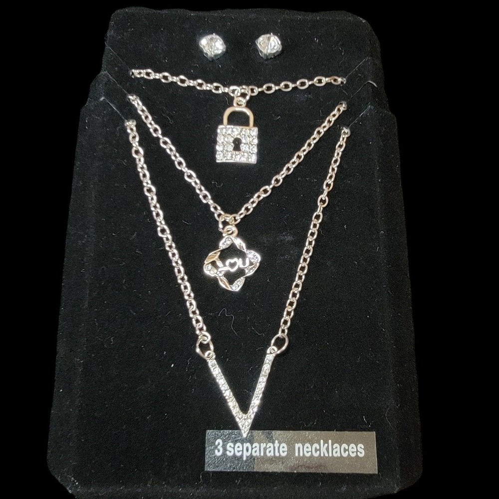Rhinestone Layering Necklace Earrings Set 4 Pc Lock I Love You Silver Tone Stud